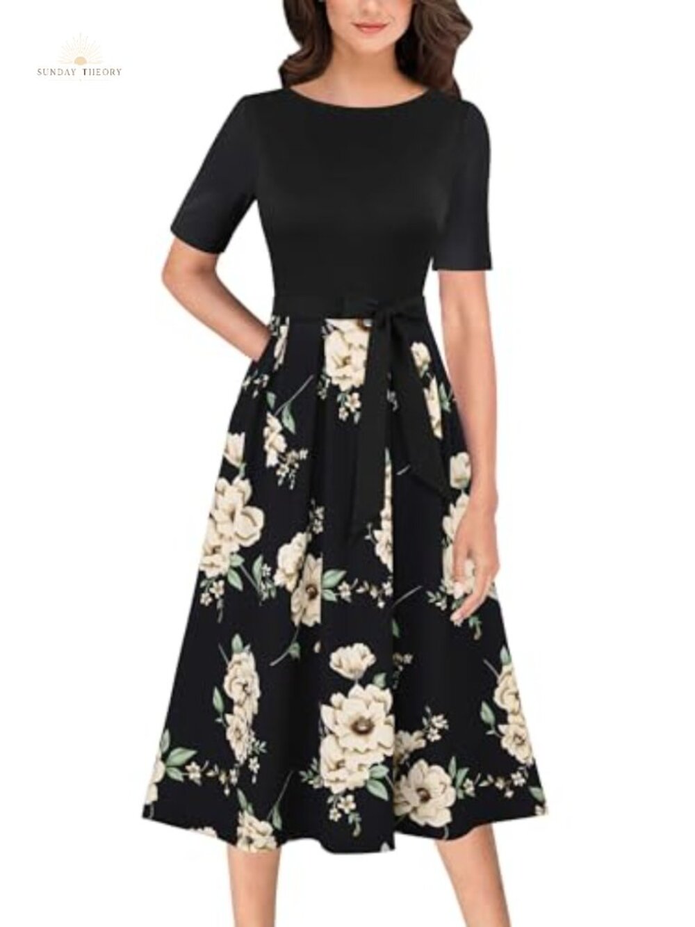 Womens A-Line Midi Dress Belted Pockets Business Casual Work Office